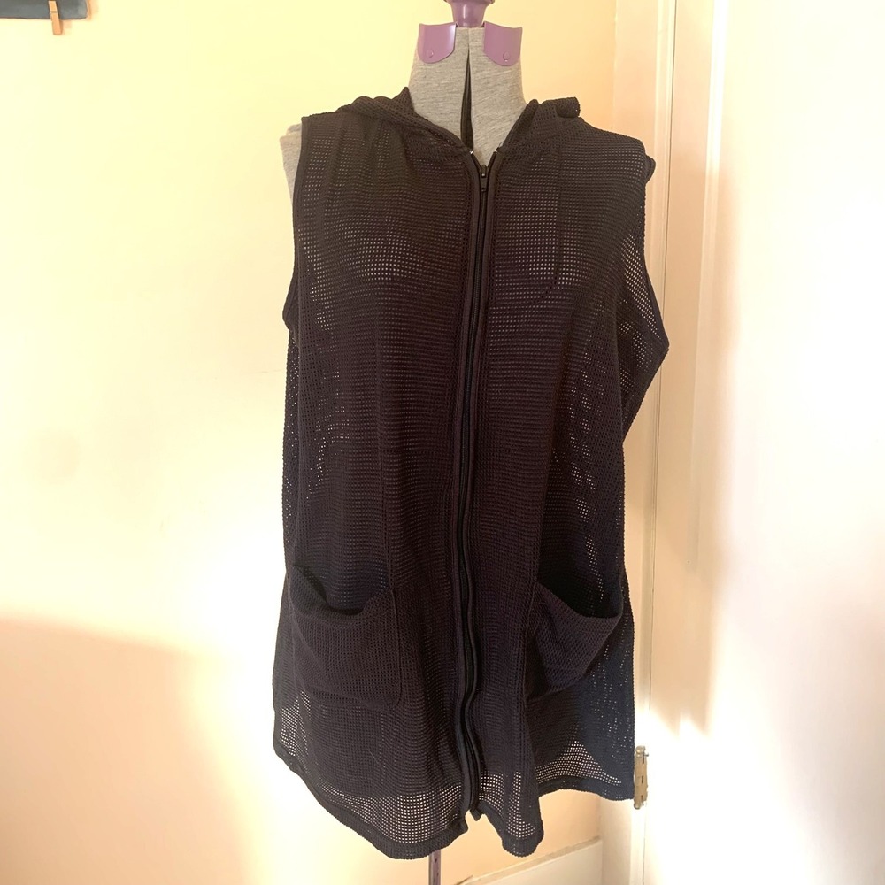 Peartree Point Bay Limited Black Mesh Sleeve Hoodie Cover-up Vest Zip Front M